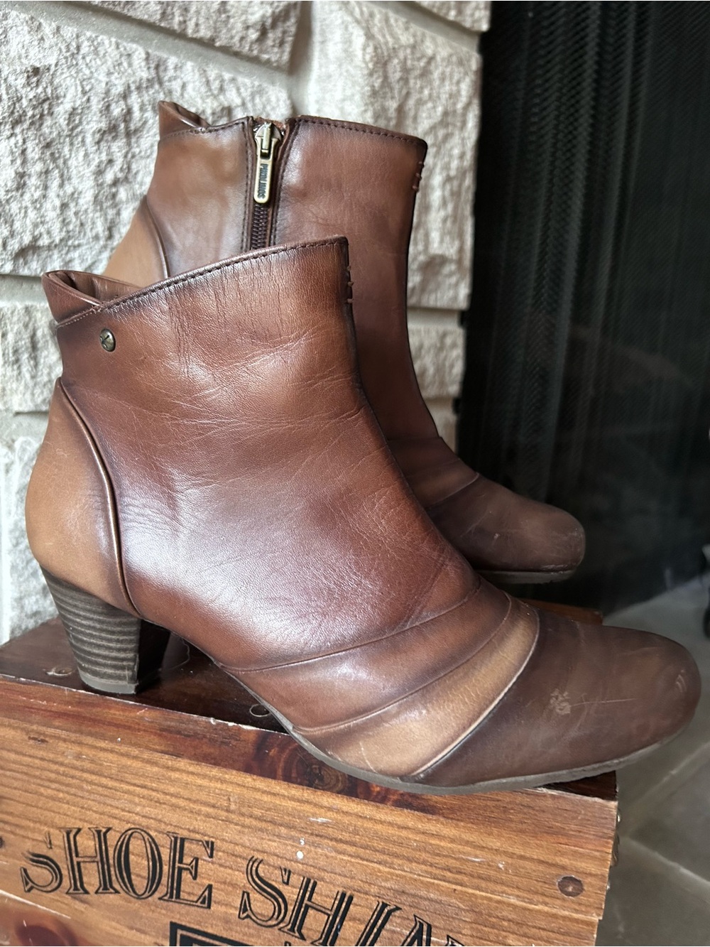 Pikolinos Two-Tone Brown Leather Ankle Boots Side Zip 2" Heel EU 37 US 6.5